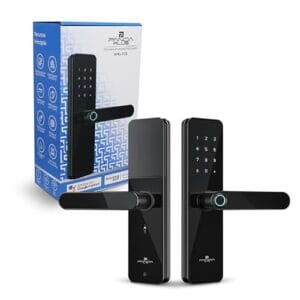 Fechadura Digital Biométrica Wifi Inteligente AMG-F01 Alumínio Preto Mortise 50x50 Teclado Touch Senha Cartão Tag Biometria App Tuya PandaPlus Alexa Google Assistente Residencial Comercial