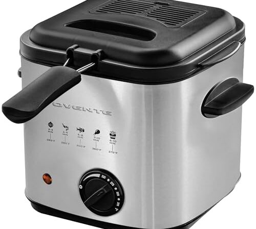 OVENTE Fritadeira elétrica de capacidade de 1,5 litros, tampa com janela de visualização, cesta de fritura removível, temperatura ajustável, alças de toque frio e corpo de aço inoxidável fácil de