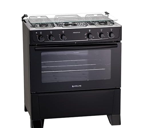 Fogão 5 bocas Atlas Mônaco Plus Preto com Acendimento Automático e Mesa Inox