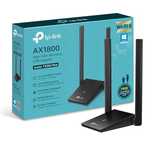 TP-Link Archer TX20U Plus AX1800 Adaptador Wi-Fi 6, Dual Band 5 GHz/2,4 GHz, USB 3.0, antena Wi-Fi externa ajustável, sinal potente, tecnologia MU-MIMO, OFDMA, compatível com Windows 11 e 10, WPA. 3