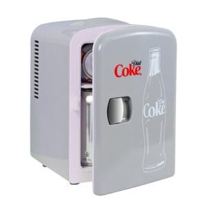 Coca Cola Diet Coke Mini Geladeira para Quartos 4L Pequena 6 Latas Tampo de Mesa Silencioso Mini Geladeira para Cuidados com a Pele Escritório Alimentos Bebidas Crianças Casa Carro e Viagens 12V