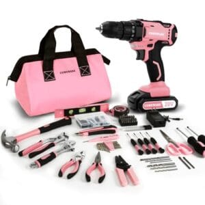 COMOWARE Kit de ferramentas domésticas rosa com furadeira, conjunto de furadeira elétrica sem fio de 20 V, ferramentas completas de reparo doméstico para homens e mulheres no jardim, escritório