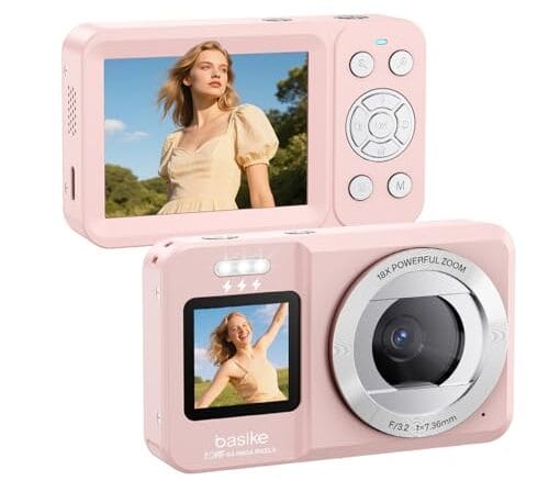Basike Câmera Fotográfica Digital 4K UHD 64MP, Zoom 18X, Tela Dupla com Flash, Foco Automático e Time-Lapse, para Iniciantes, Jovens e Viagens, Compacta, Criativa e Portátil – Rosa