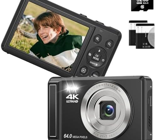 Câmera Digital 4K 64MP com Foco Automático,Fotográfica para Vlog, Zoom, Tela 2.8 Polegadas，fotografia, Cartão SD de 32GB, 2 Baterias, Câmera Compacta，para Adolescentes e Iniciantes, Flash