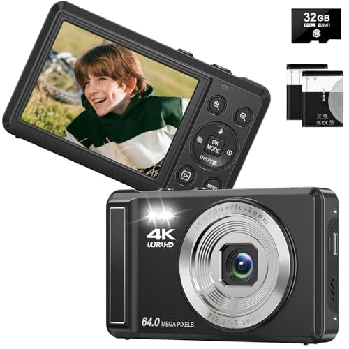 Câmera Digital 4K 64MP com Foco Automático,Fotográfica para Vlog, Zoom, Tela 2.8 Polegadas,fotografia, Cartão SD de 32GB, 2 Baterias, Câmera Compacta,para Adolescentes e Iniciantes, Flash