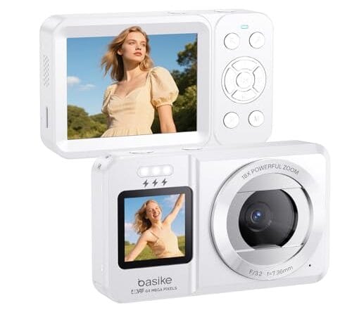 Basike Câmera Fotográfica Digital 4K UHD 64MP, Zoom 18X, Tela Dupla com Flash, Foco Automático e Efeitos Criativos, para Iniciantes, Jovens e Viagens, Compacta, Criativa e Portátil – Branco