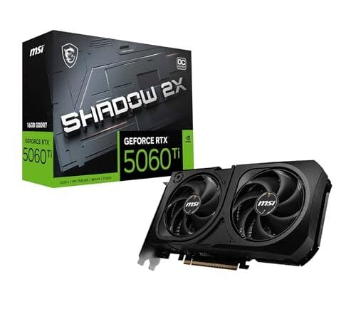 MSI Placa gráfica GeForce RTX 5060 Ti 16G SHADOW 2X OC PLUS - GPU RTX 5060 Ti, 16GB GDDR7 (28Gbps/128-bit), PCIe 5.0 - Design térmico de ventilador duplo (2 x ventoinhas STORMFORCE) - HDMI 2.1b
