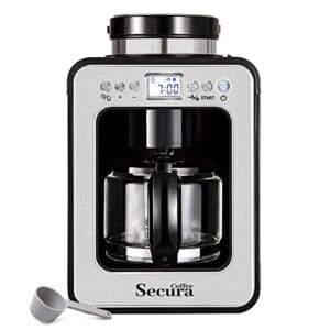 Secura Coffee Máquina de café automática com moedor, moagem programável e máquina de café para uso com grãos moídos ou inteiros, frasco de vidro de 482 g