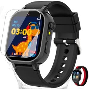 Melontti Relógio inteligente para crianças, jogos, câmera dupla, lanterna de reprodutor de música, despertador, tela sensível ao toque, presente para crianças de 3 a 12 anos (preto)