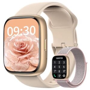 Relogio Smartwatch Feminino, Tela HD de 1,8" Relógio Smartwatch com Alexa,100 Esportes,Frequência Cardíaca e Monitoramento do Sono,IP68 à rova d'água, Compatível com Android iOS, 2 Pulseiras (Dourado)