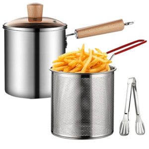 Yuehuam Frigideira profunda, tempura japonesa, pequena panela de aço inoxidável com cesta de filtro e pinças de alimentos para batatas fritas de cozinha, frango