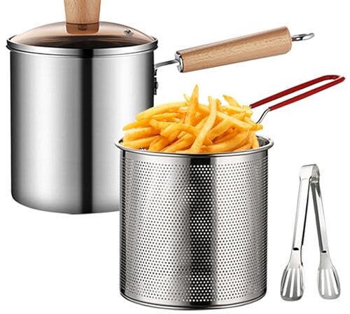 Yuehuam Frigideira profunda, tempura japonesa, pequena panela de aço inoxidável com cesta de filtro e pinças de alimentos para batatas fritas de cozinha, frango