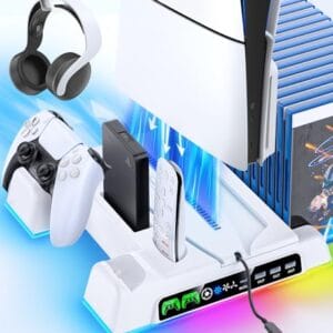 OIVO Suporte para PS5/Slim/Pro com refrigeração, ventilador PS5 de 3 velocidades, suporte PlayStation 5 RGB com indicador LED e carregador comando PS5, acessórios PlayStation 5