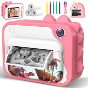 Usteetic Câmera infantil com impressão instantânea 1080p para crianças de 3 a 12 anos, sem tinta, dinossauro, presente de aniversário de Natal para meninos e meninas de 3 a 12 anos (rosa)