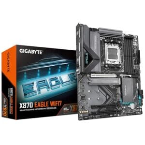 GIGABYTE Placa-mãe X870 EAGLE WIFI7 - Suporta processadores AMD Ryzen 9000, 14 + 2 fases VRM, até 8000 MHz DDR5 (OC), 1xPCIe 5.0, Wi-Fi 7, LAN 2,5 GbE, USB 4