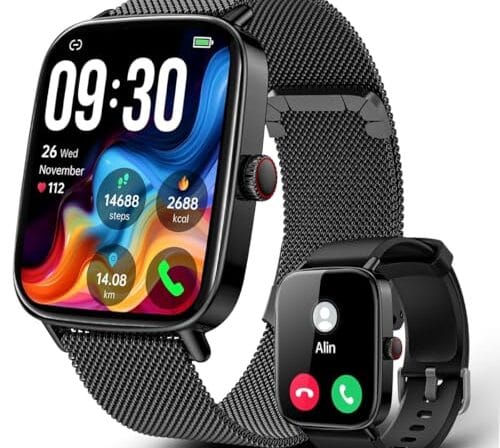 Smartwatch Relógio Inteligente, Tela HD de 1,85" Relógio Fitness, 120 Esportes, Frequência Cardíaca e Monitoramento do Sono, IP68 à rova d'água, Compatível com Android iOS, 2 Pulseiras (Preto)