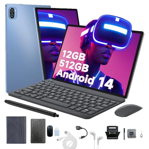 3 em 1 Tablet, com Capa/Teclado/Mouse, 10.1 Polegada, 1920×1200 Tela, 1920x1200 Tela Processador Octa-Core, 12GB RAM+512GB ROM, Câmera de 16MP + 32MP, Android 14, 8000mAh, Versão WiFi (Ouro rosê)