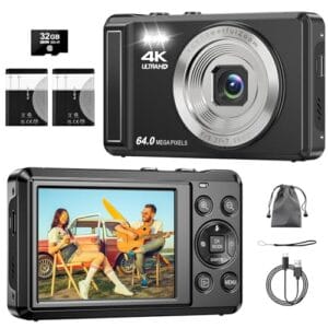 Câmera Digital 4K 64MP, Zoom 16X, Foco Automático,Tela IPS de 2.8 Polegadas para fotografia, Flash, Cartão SD de 32GB, Câmera Compacta,para Crianças e Adolescentes, Câmera Fotográfica para Vlog