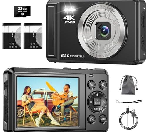 Câmera Digital 4K 64MP, Zoom 16X, Foco Automático,Tela IPS de 2.8 Polegadas para fotografia, Flash, Cartão SD de 32GB, Câmera Compacta,para Crianças e Adolescentes, Câmera Fotográfica para Vlog