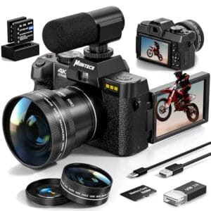 Câmeras digitais 4K para fotografia, câmera vlogging de 48 MP para YouTube com tela flip de 180°, zoom digital 16x, flash e foco automático, lente grande angular e macro de 52 mm, 2 baterias, cartão