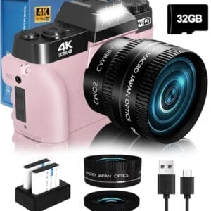 Câmera digital VJIANGER 2024 para fotografia e vlogging para YouTube com WiFi, tela flip de 180°, zoom digital de 16x, lente de 52 mm, 2 baterias, cartão micro SD de 32 GB (rosa)