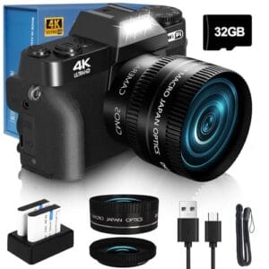 Câmera digital VJIANGER 2024 para fotografia, vlog e YouTube com WiFi, tela giratória de 180°, zoom digital de 16x, lente de 52 mm, 2 baterias, cartão Micro SD de 32 GB (preto)