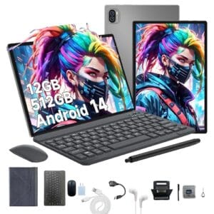 3 em 1 Tablet, com Capa/Teclado/Mouse, 10.1 Polegada, 1920×1200 Tela, 1920x1200 Tela Processador Octa-Core, 12GB RAM+512GB ROM, Câmera de 16MP + 32MP, Android 14, 8000mAh, Versão WiFi (Cinza)