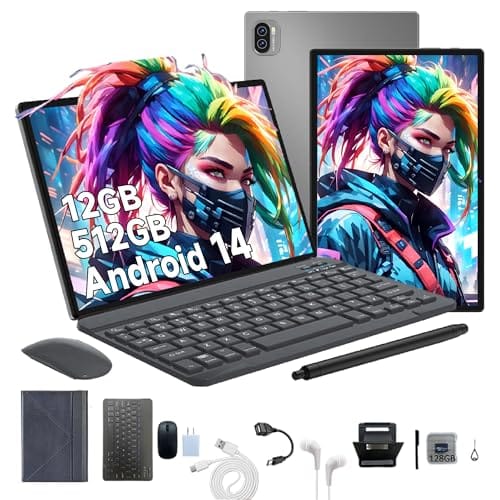 3 em 1 Tablet, com Capa/Teclado/Mouse, 10.1 Polegada, 1920×1200 Tela, 1920x1200 Tela Processador Octa-Core, 12GB RAM+512GB ROM, Câmera de 16MP + 32MP, Android 14, 8000mAh, Versão WiFi (Cinza)
