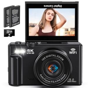 Câmera digital, vídeo de 5k, câmera de 75 megapixels, transmissão Wi-Fi, zoom digital de 18x, tela giratória de 180 graus, foco automático, cartão SD de 32G, duas baterias,câmera compacta,vlog