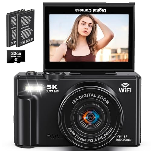 Câmera digital, vídeo de 5k, câmera de 75 megapixels, transmissão Wi-Fi, zoom digital de 18x, tela giratória de 180 graus, foco automático, cartão SD de 32G, duas baterias,câmera compacta,vlog