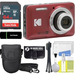Câmera digital Kodak PIXPRO FZ55 vermelha de 16 MP, zoom óptico de 5x, ângulo amplo de 28 mm, 1080p, câmera LCD Full HD de 2,7 polegadas + cartão e leitor de 64 GB + capa + carteira de memória + tripé