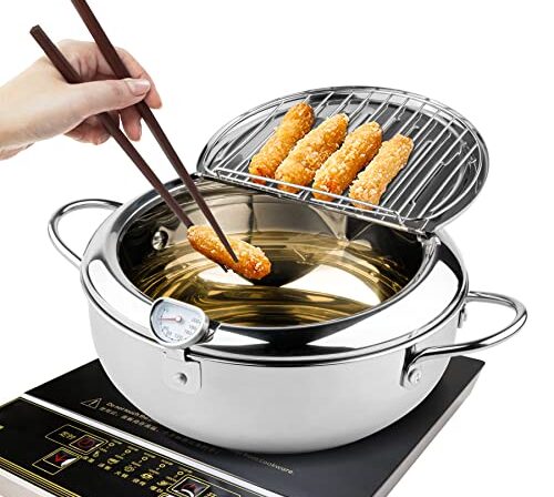 Kerilyn Frigideira, frigideira tempura estilo janpanês de 9,4 polegadas/3,4 L com tampa, aço inoxidável 304 com controle de temperatura e escorredor de óleo, para cozinha, batatas fritas, frango, etc