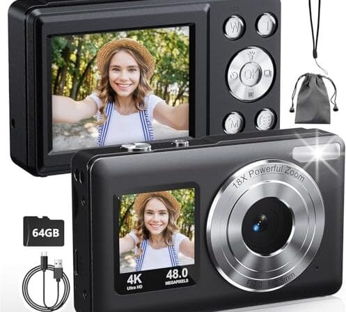 Câmera Digital 4K para Fotografia, Câmera Vlogging de 64 MP para YouTube, Tela Dupla, Cartão 64G, foco automático, zoom digital de 18x, câmeras digitais compactas para viagens/adolescentes