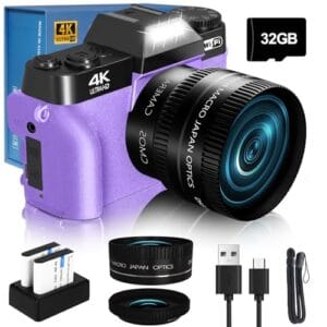 Câmera digital VJIANGER 2024 para fotografia e vlogging para YouTube com WiFi, tela flip de 180°, zoom digital de 16x, lente de 52 mm, 2 baterias, cartão micro SD de 32 GB (Roxo)