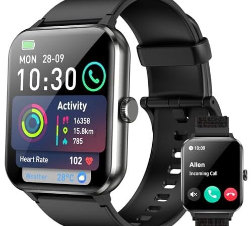Smartwatch,Relógio Inteligente para Homens e Mulheres, 1.85“ Tela HD Touch, 100+ Modos Esportivos, Chamadas Bluetooth,Assistente de Voz, Compatível com iOS/Android,Inclui 2 Pulseiras,Preto