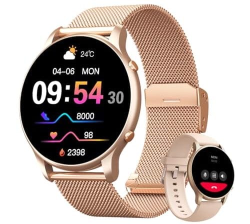 Smartwatch Feminino 1.32" Full Touch, IP68 à Prova d'Água, Ligações Bluetooth, 100+ Modos Esportivos, Notificações Inteligentes, Assistente de Voz, Compatível com iOS/Android, Inclui 2 Pulseiras, Ouro