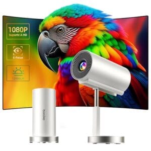 Basike Mini Projetor Portatil, 4K 1080P Full HD, 5G WIFI 6 BT 5.0 Android 11, 12000 Lumens, Led Auto de Correcção Trapezóide Horizontal, 90°Girável Ajuste Telescópico de Altura (Branco)