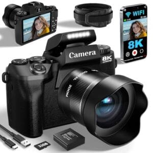 Câmeras digitais 8K para fotografia, câmera vlogging WiFi 64MP para YouTube, câmera profissional com tela sensível ao toque de 4 polegadas com lente dupla, foco automático, zoom digital de 16x