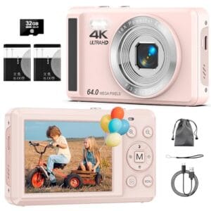 Câmera Digital 4K 64MP com Foco Automático,Fotográfica para Vlog, Zoom, Tela 2.8 Polegadas,fotografia, Cartão SD de 32GB, 2 Baterias, Câmera Compacta,para Adolescentes e Iniciantes, Flash(rosa)