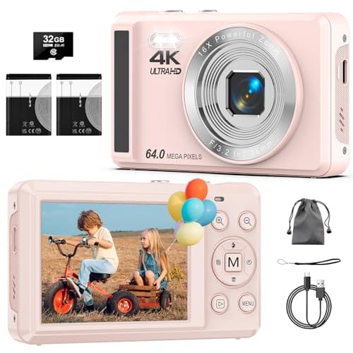Câmera Digital 4K 64MP com Foco Automático,Fotográfica para Vlog, Zoom, Tela 2.8 Polegadas,fotografia, Cartão SD de 32GB, 2 Baterias, Câmera Compacta,para Adolescentes e Iniciantes, Flash(rosa)