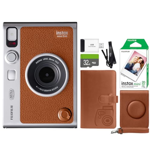 FUJIFILM Instax Mini EVO Câmera Instantânea Híbrida Marrom + Filme Fuji Instax 20 Folhas + Capa e Álbum Personalizados Pacote de Acessórios para Cartão de Memória Micro SD de 32 GB