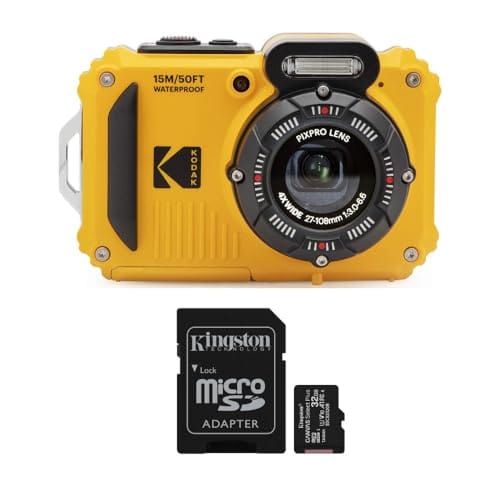 Kodak PIXPRO WPZ2 Câmera digital resistente à prova d'água de 16 MP com zoom óptico de 4X e cartão microSDHC Kodak de 32 GB com pacote de adaptadores (2 itens), amarelo