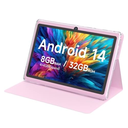 HOTTABLET Tablet Android 14.0 de 7 polegadas com capa protetora, 8 GB (expansão de 4 + 4 GB) RAM + 32 GB de ROM, tela IPS, câmera dupla, aba WiFi Bluetooth 5.0 (rosa)