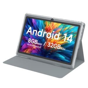 HOTTABLET Tablet Android 14.0 de 7 polegadas com capa protetora, 8 GB (expansão de 4 + 4 GB) RAM + 32 GB de ROM, tela IPS, câmera dupla, aba WiFi Bluetooth 5.0 (cinza)