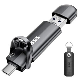Unidade SSK USB C de 1 TB rápida de até 550 MB/s, cartão de memória 2 em 1 tipo C + USB A 3.2 Gen2 portátil, SSD externo estado sólido pen drive PS4 para iPhone 15/16/PS4/telefone Android/Tablet