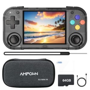 XU Mini M Consoles de jogos portáteis retrô, tela IPS de 2,8 polegadas, cartão TF 64G integrado, com bateria de 2600 mAh de vida útil de 6 horas com capa preta