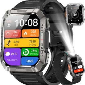 Relógio Inteligente,Smartwatch Militar,My Watch de Chamadas Bluetooth,Relógio de Fitness,Rastreador de Fitness e Rastreador de Atividades,IP68 à Prova D'água,Lanterna,Bateria de 900mAh,Preto