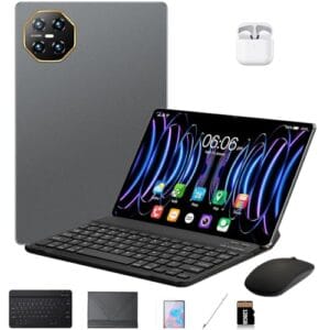 DIVENT-Tablet 3 em 1 com estojo/teclado/mouse/fone de ouvido, 10,1 polegadas, Android 14, 16GB de RAM + 512GB de ROM, câmera de 16MP + 32MP, GPS, Bluetooth, bateria de 8800mAh, Dual-SIM (cinzento)