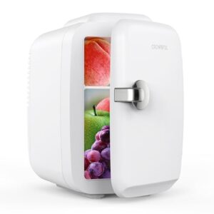CROWNFUL Mini geladeira, 4 litros/6 latas refrigerador portátil e aquecedor pessoal para cuidados com a pele, cosméticos, bebidas, alimentos, ótimo para quarto, escritório, carro, branco, 120V