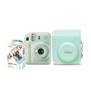 Kit Câmera Instax Mini 12 com pack 10 fotos Macaron e Bolsa Verde Menta